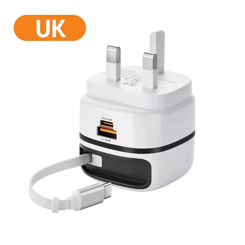 65W Charger with Retractable Cable 3- port Fast Charging Charger with Foldable Pin Original Table Chargers 2025