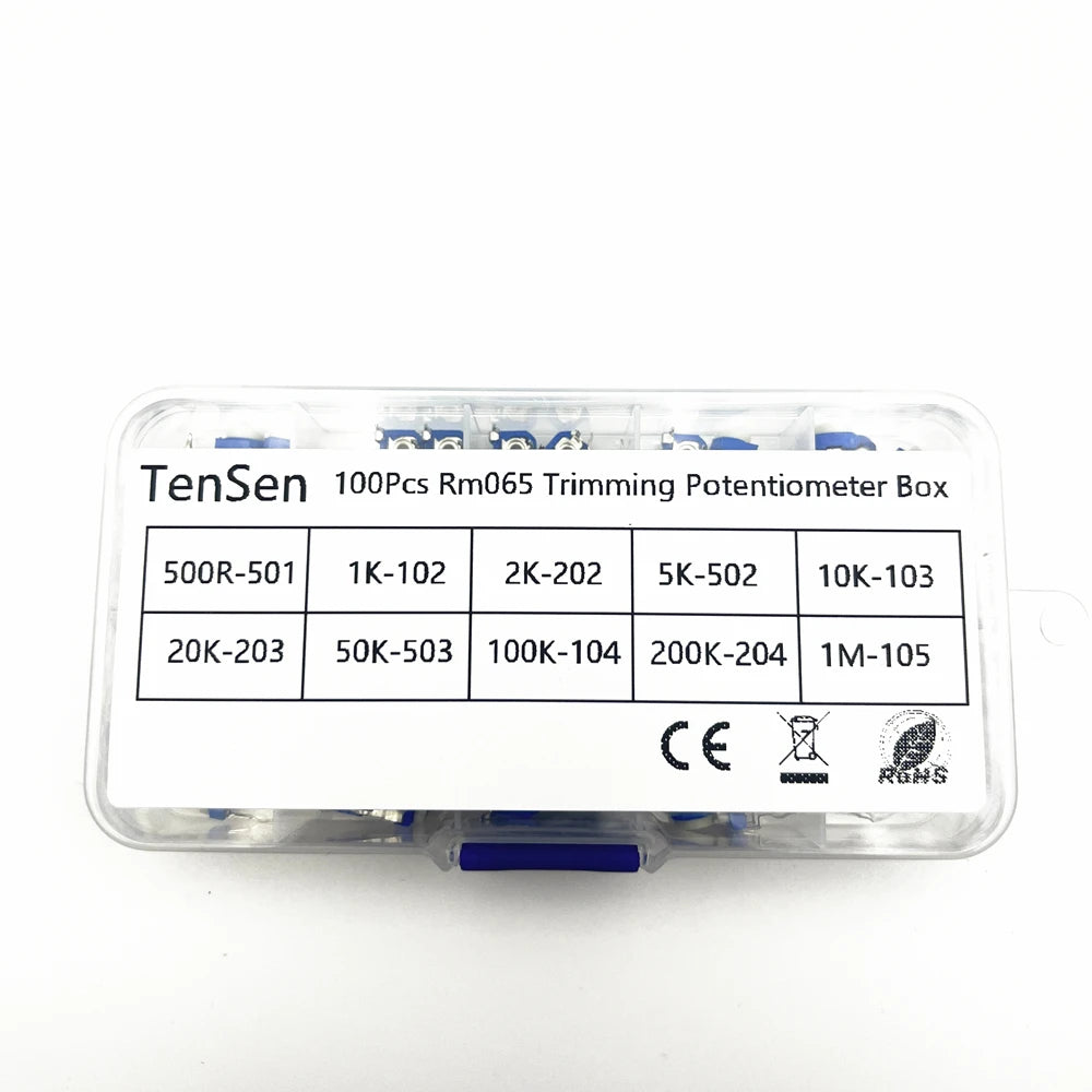 100Pcs/Box RM065 Carbon Film Horizontal Trimpot Potentiometer Assortment Kit 10 Values Variable Resistor 500R 1K 2K 5K 10K -1M