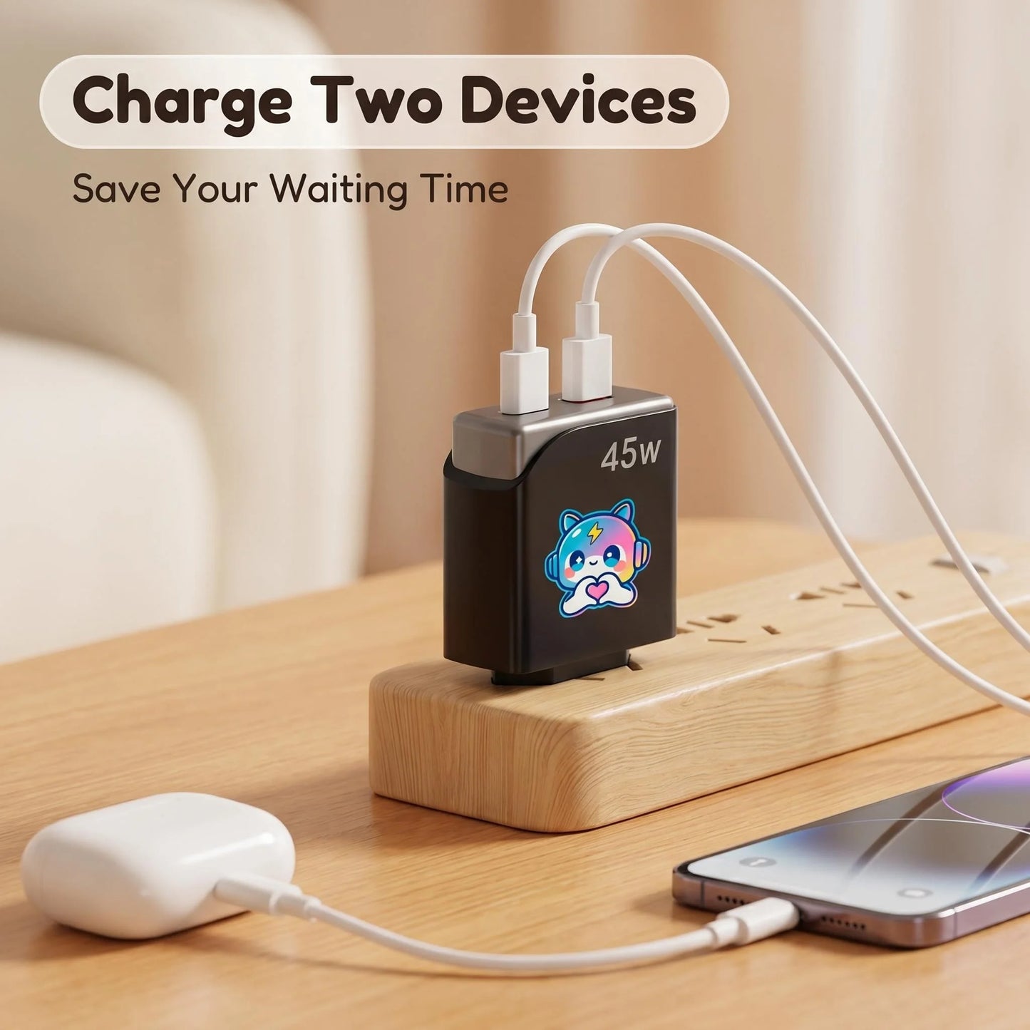 45W GaN Cute Cartoon Fast Charger EU Plug, Dual USB-A & Type-C Port Wall Charger for Multi Devices Home Office Travel
