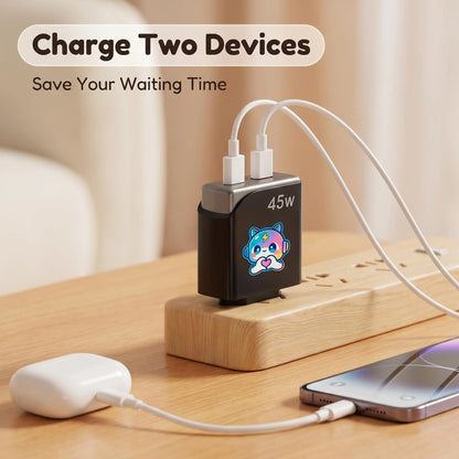45W GaN Cute Cartoon Fast Charger EU Plug, Dual USB-A & Type-C Port Wall Charger for Multi Devices Home Office Travel