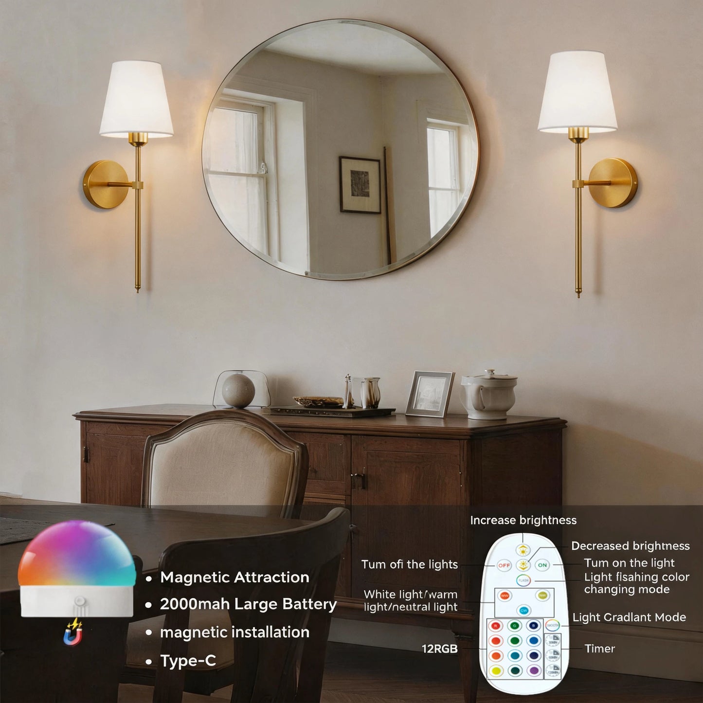 Wireless battery powered wall lamp rechargeable wall lamp dimmable detachable bulb remote control 10 color wireless wall lamp