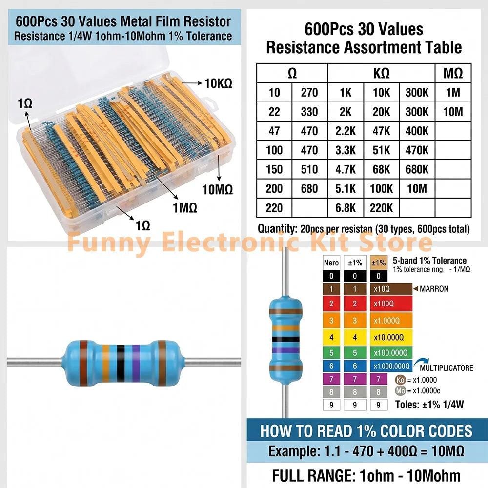 600 Pcs Assorted Metal Film Resistor Kit 30 Values 1/4W Resistance 1ohm-10Mohm 1% Tolerance for Electronics Projects