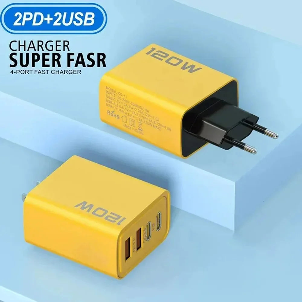 120W Total Fast Charging Quick Charger PD USB Type-C Wall Adapter for iPhone 16/15/14 Xiaomi Huawei Redmi Oneplus Phone Charger