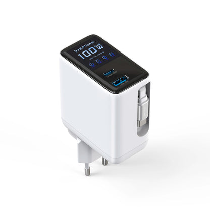 100W Wall Charger with 2-in-1 Retractable Cable And TFT Display Fast Charging GaN Charger for Phones Tablets And More