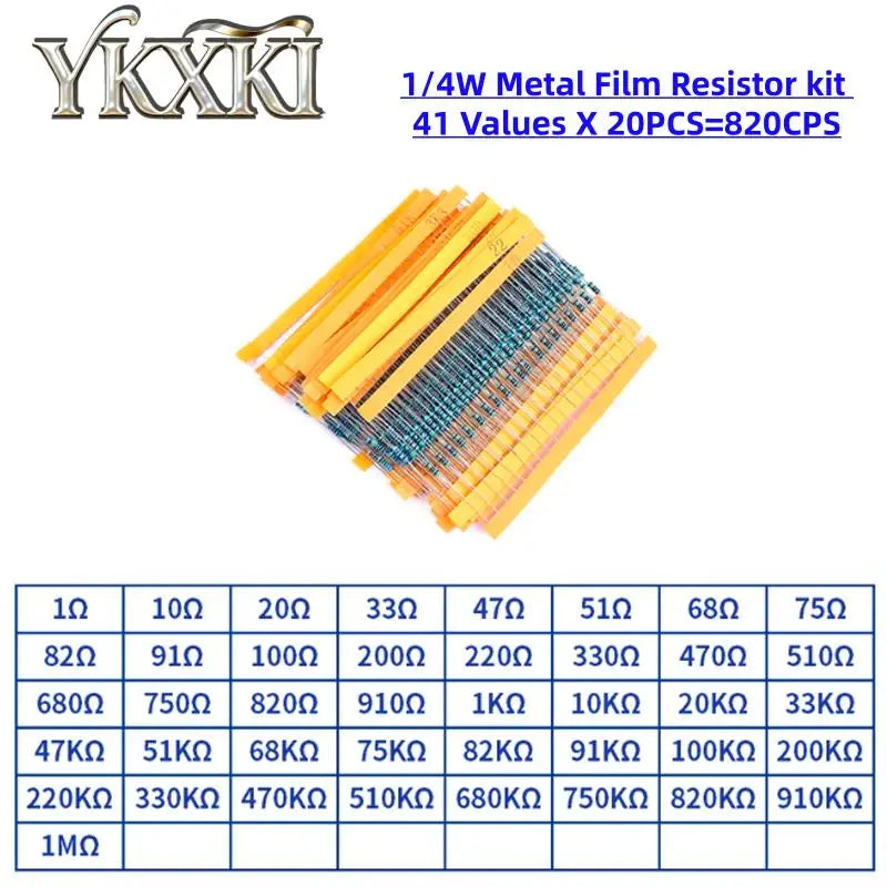 300Pcs 600Pcs 820Pcs 1/4W Metal Film Resistor kit set 30/41 Values resistors pack 1R~1M ohm Resistance 1% Set of resistors