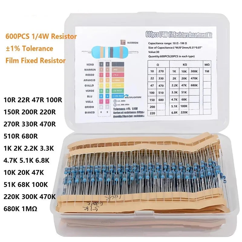 300/600/2600pcs 1/4W Metal Film Resistor 30/130 Values Resistance Kit 1Ω-3Mohm 0.25W 1% Resistors Set 10K 22ohm 33R 4.7K 5K1 1M