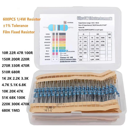 300/600/2600pcs 1/4W Metal Film Resistor 30/130 Values Resistance Kit 1Ω-3Mohm 0.25W 1% Resistors Set 10K 22ohm 33R 4.7K 5K1 1M