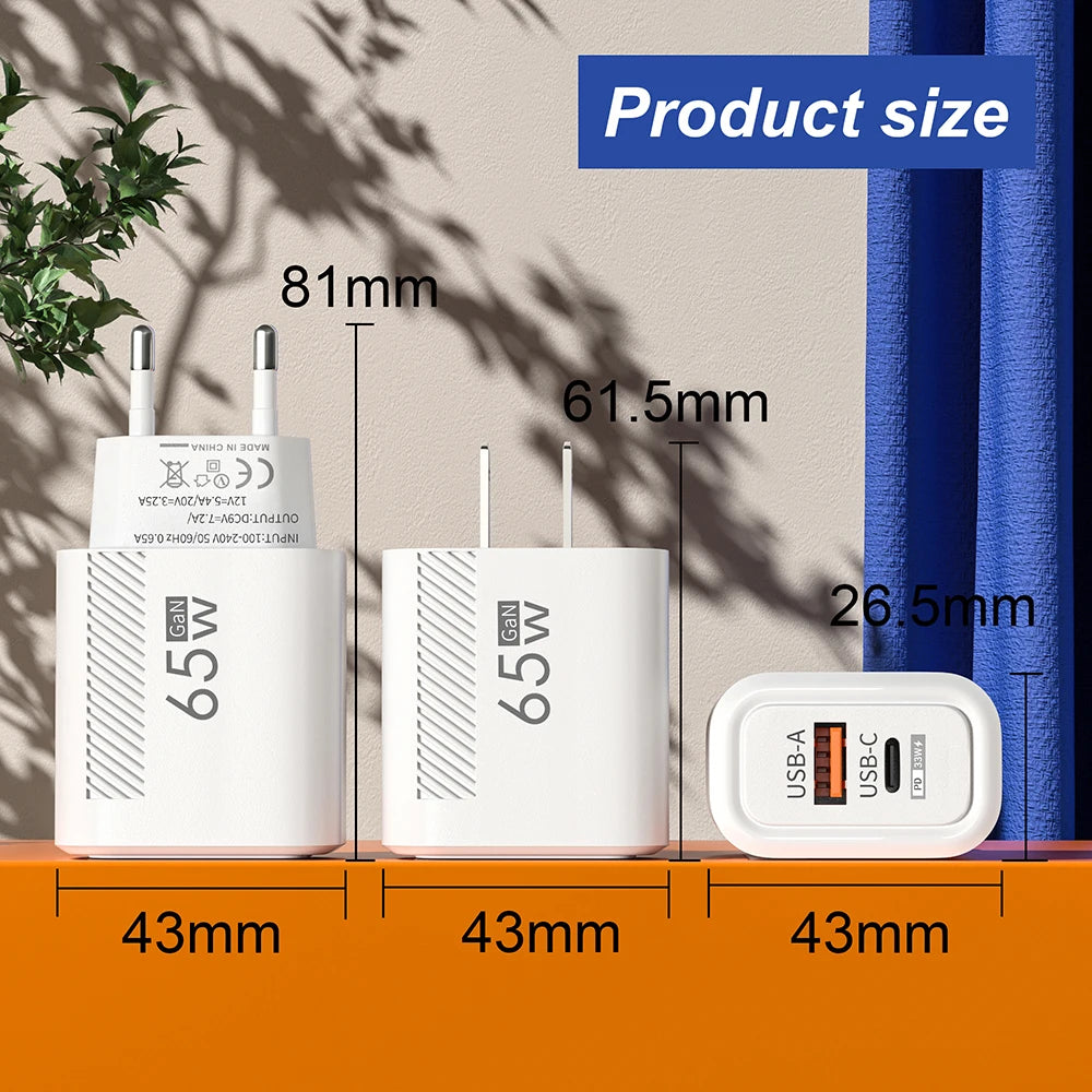 65W USB C Charger GaN Fast Charging Travel Wall Charger Quick Charge EU US Plug Phone Charger Adapter For iPhone Huawei Xiaomi
