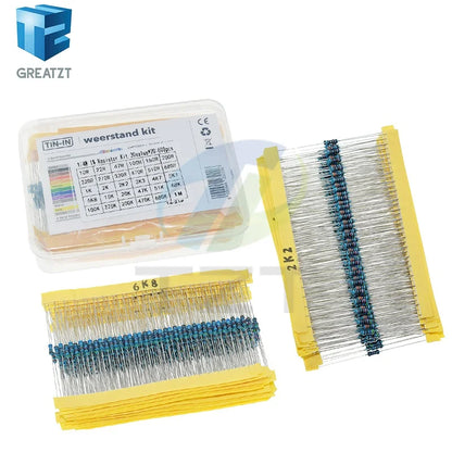 GREATZT 600pcs/set 30 Kinds 1/4W Resistance 1% Metal Film Resistor Pack Assorted Kit 1K 10K 100K 220ohm 1M Resistors 300pcs/set