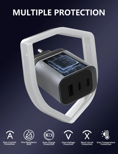 65W GaN Charger, 3-Port Fast Charger, USB-C PD 3.0, QC3.0, EU Plug Wall Charger, Multi-Device Charging, Compact Travel Charger,