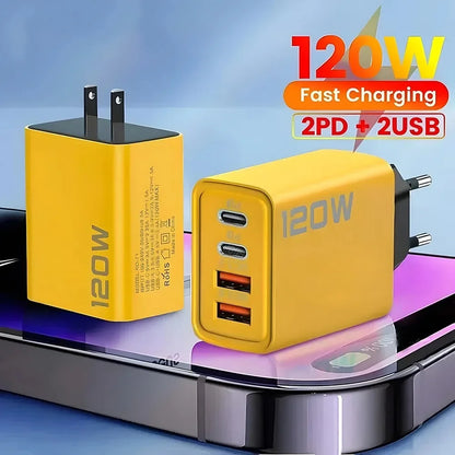 120W Total Fast Charging Quick Charger PD USB Type-C Wall Adapter for iPhone 16/15/14 Xiaomi Huawei Redmi Oneplus Phone Charger
