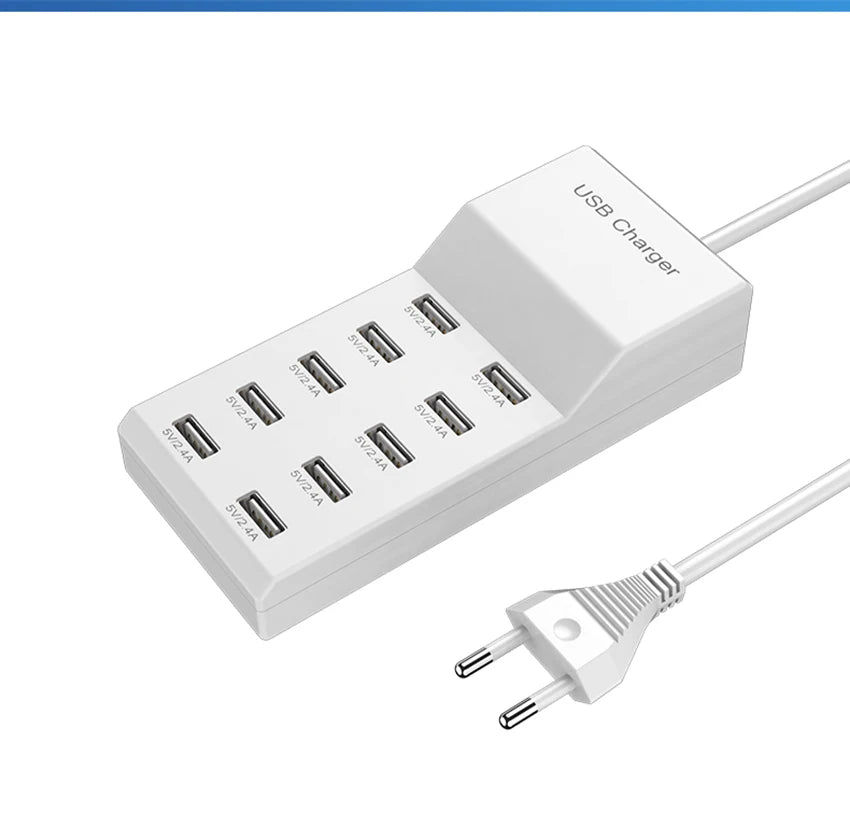 USB Charger Station,10-Port 50W Multiple USB Charging Station Multi Ports USB Charger Charging Force Travel Wall Charger EU Plug