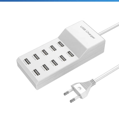 USB Charger Station,10-Port 50W Multiple USB Charging Station Multi Ports USB Charger Charging Force Travel Wall Charger EU Plug