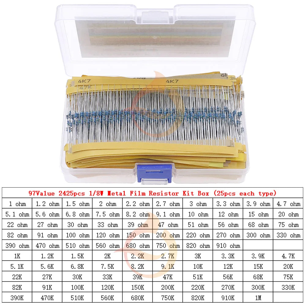 1/8W 1/4W 1/2W 1W 2W 3W 0Ω~10MΩ 1% Metal Film Resistor Resistance Assortment Kit With box