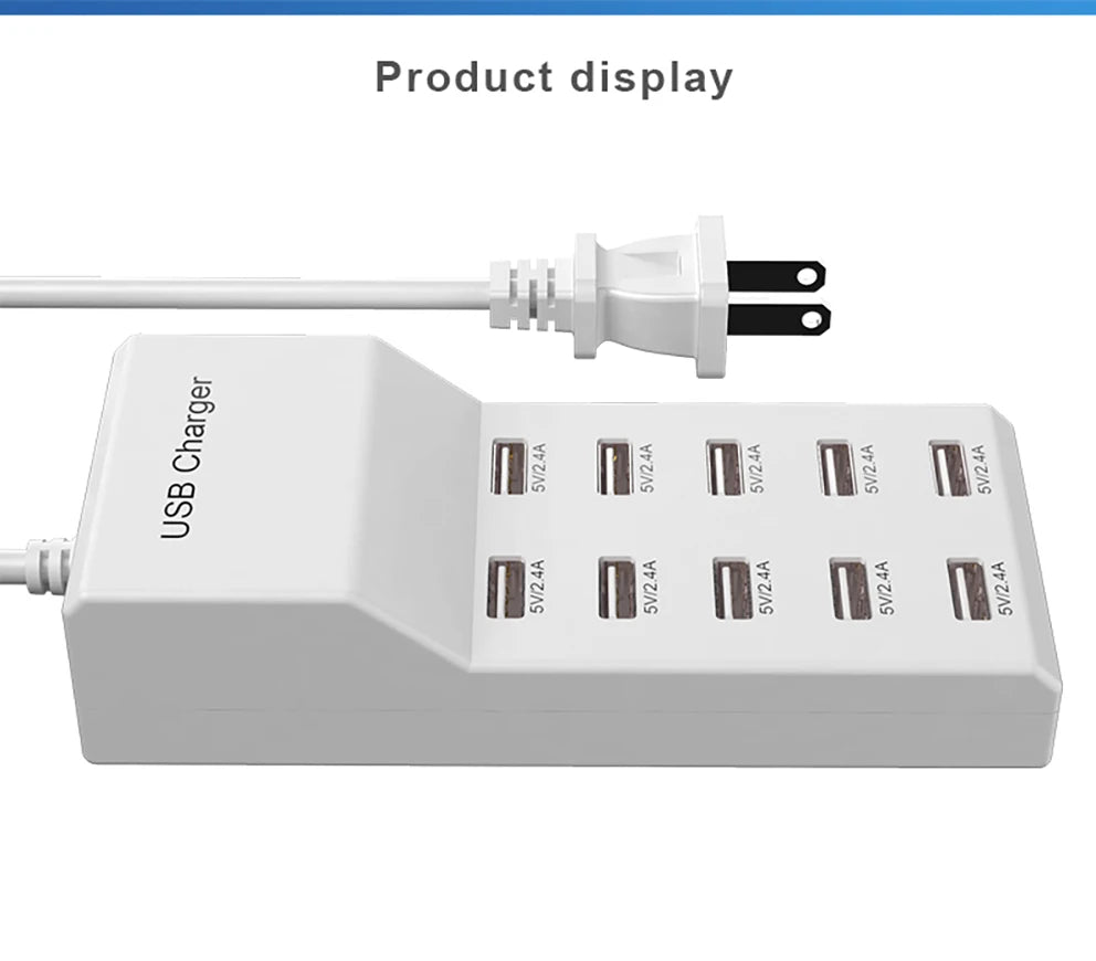 USB Charger Station,10-Port 50W Multiple USB Charging Station Multi Ports USB Charger Charging Force Travel Wall Charger EU Plug