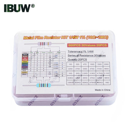 600PCS 30Values 1/4W Metal Film Resistor Assortment Kit - 20PCS Each, Boxed for Electronics DIY, Repair & Projects