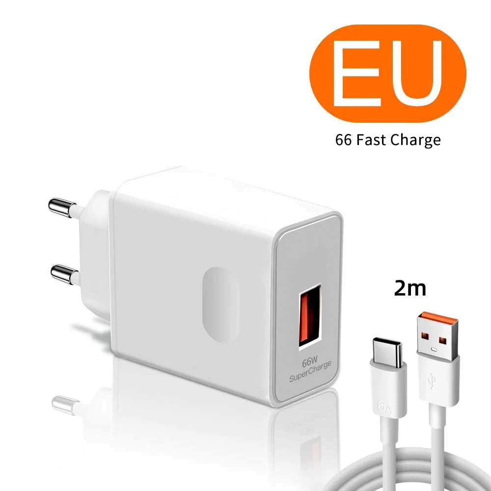 66W Fast Charging Charger With 6A Data Cables For iPhone Huawei Mate 40 50 60 P50 Nova 9 10 Honor 90 100 X9 Xiaomi Wall Charger