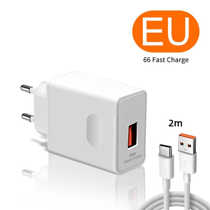 66W Fast Charging Charger With 6A Data Cables For iPhone Huawei Mate 40 50 60 P50 Nova 9 10 Honor 90 100 X9 Xiaomi Wall Charger