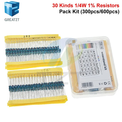 GREATZT 600pcs/set 30 Kinds 1/4W Resistance 1% Metal Film Resistor Pack Assorted Kit 1K 10K 100K 220ohm 1M Resistors 300pcs/set