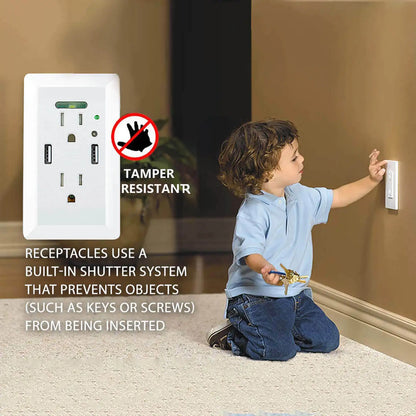 2 USB Charger Wall Outlet 15Amp Receptacle Charging Ports 2 Electrical AC Outlets Auto On/Off Nightlight Sensor and Wall Plates