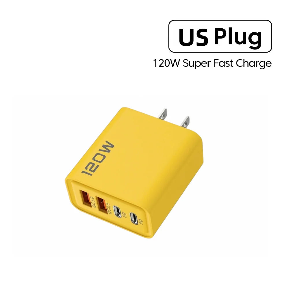 120W 4-Port Fast Charger PD USB 3.0 Type C Wall Charging Adapter EU US Plug Multi-port Phone Charger