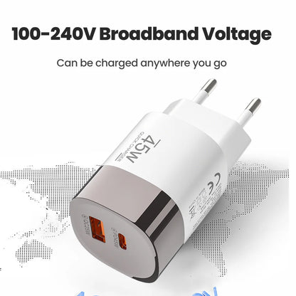 Dual Ports USB Type C Charger Fast Charging 45W QC PD 3.0 Travel Wall Charger Adpater Fast USB Chargers For Phone EU US UK Plug