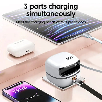 65W Charger with Retractable Cable 3- port Fast Charging Charger with Foldable Pin Original Table Chargers 2025