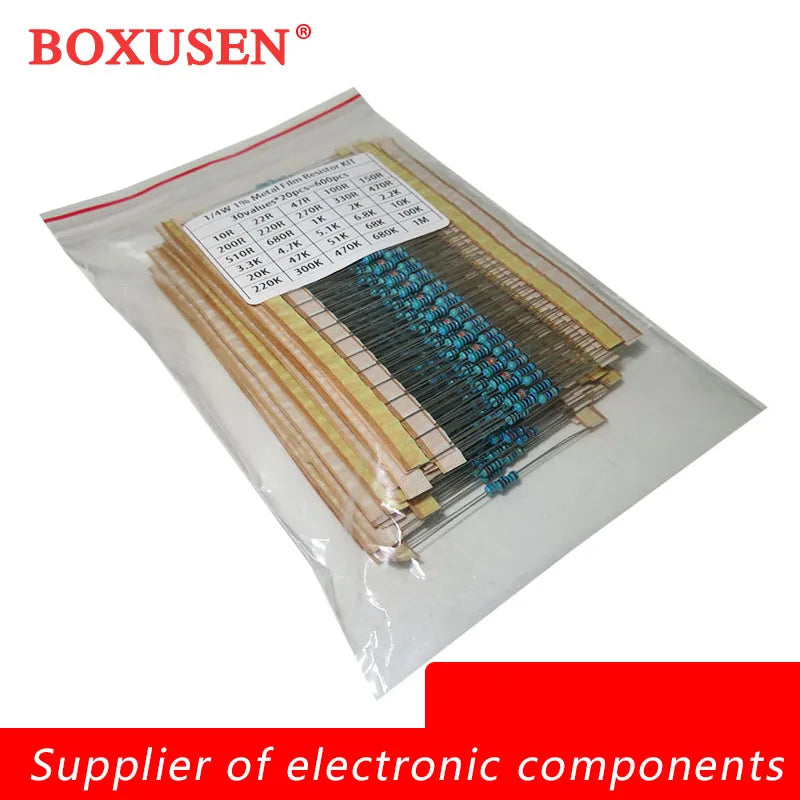 600PCS 1/4W 30 Values each 20 pcs Metal Film Resistor Kit box 1% Resistor Assorted Kit Set 10R -1M Ohm  Resistance Pack