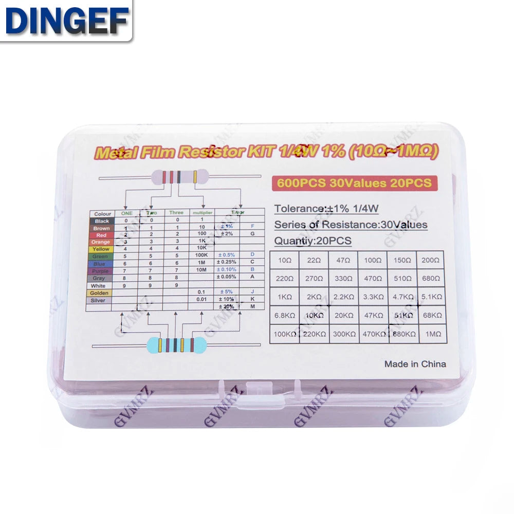 600PCS 30Values 1/4W Metal Film Resistor Assortment Kit - 20PCS Each, Boxed for Electronics DIY, Repair & Projects