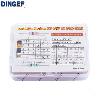 600PCS 30Values 1/4W Metal Film Resistor Assortment Kit - 20PCS Each, Boxed for Electronics DIY, Repair & Projects