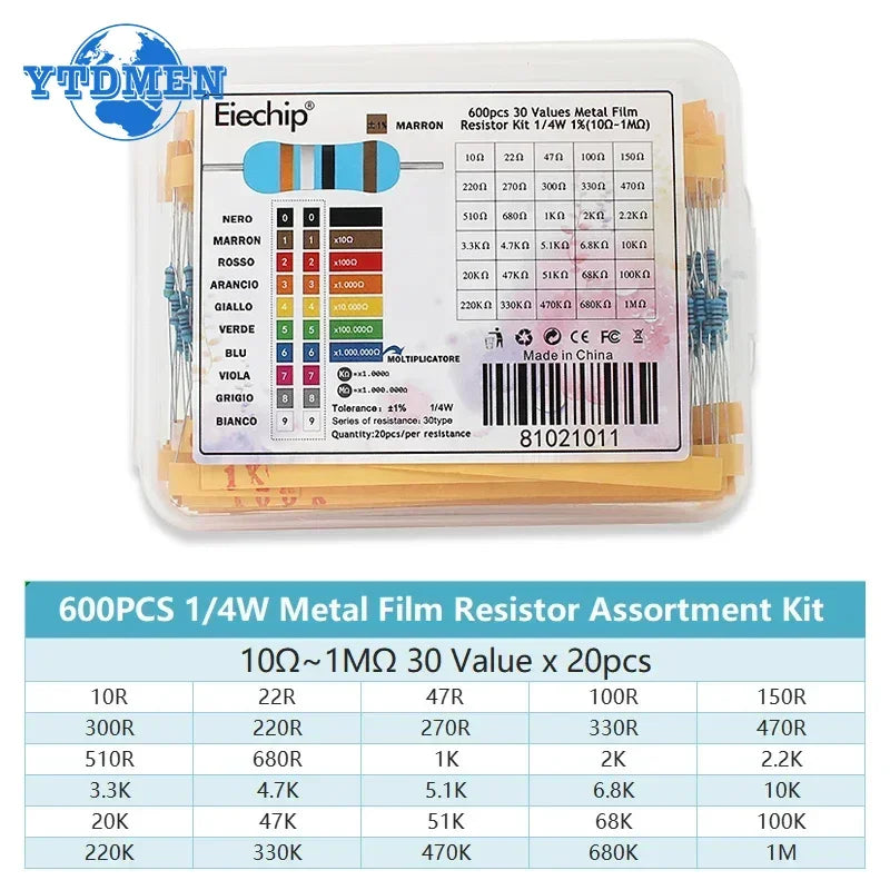 300/600pcs 1/4w Metal Film Resistor 30 Values Resistance Kit 10R-1M 0.25W 1% Resistors Set with Box