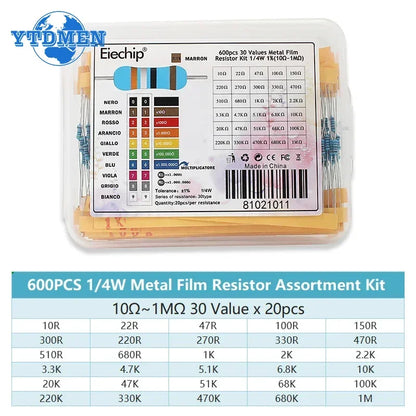 300/600pcs 1/4w Metal Film Resistor 30 Values Resistance Kit 10R-1M 0.25W 1% Resistors Set with Box
