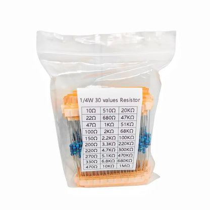 300-600pcs/set 30 Kinds 1/4W Resistance 1% Metal Film Resistor Pack Assorted Kit 1K 10K 100K 220ohm 1M Resistors 300pcs/set
