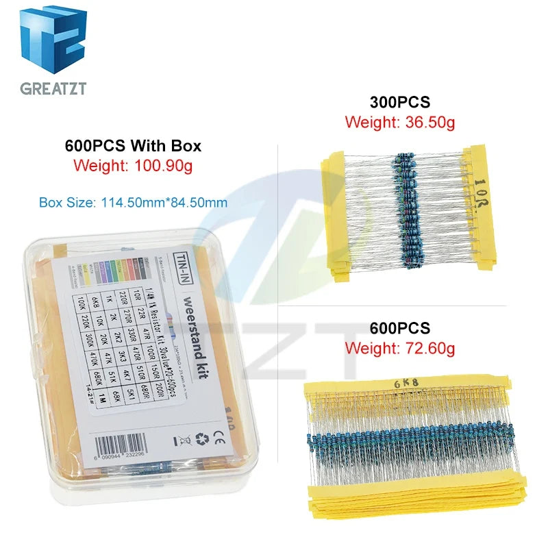 GREATZT 600pcs/set 30 Kinds 1/4W Resistance 1% Metal Film Resistor Pack Assorted Kit 1K 10K 100K 220ohm 1M Resistors 300pcs/set