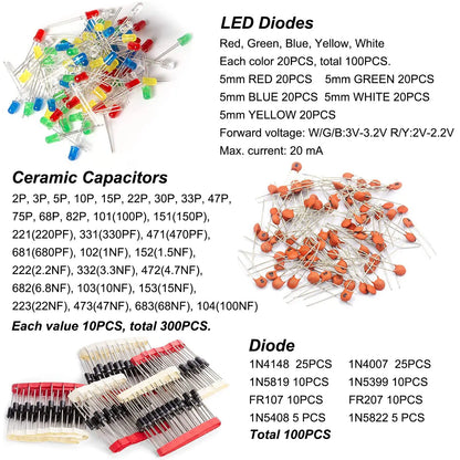 1500Pcs Electronic Components Starter Kit Resistor Capacitor LED Diode Transistor Assortment Pack for DIY Arduino