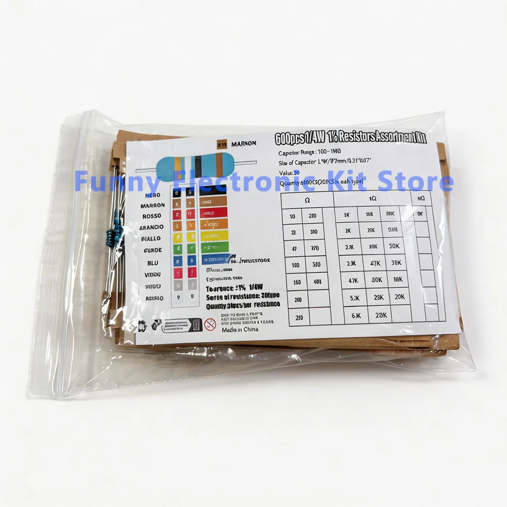 600 Pcs Assorted Metal Film Resistor Kit 30 Values 1/4W Resistance 1ohm-10Mohm 1% Tolerance for Electronics Projects