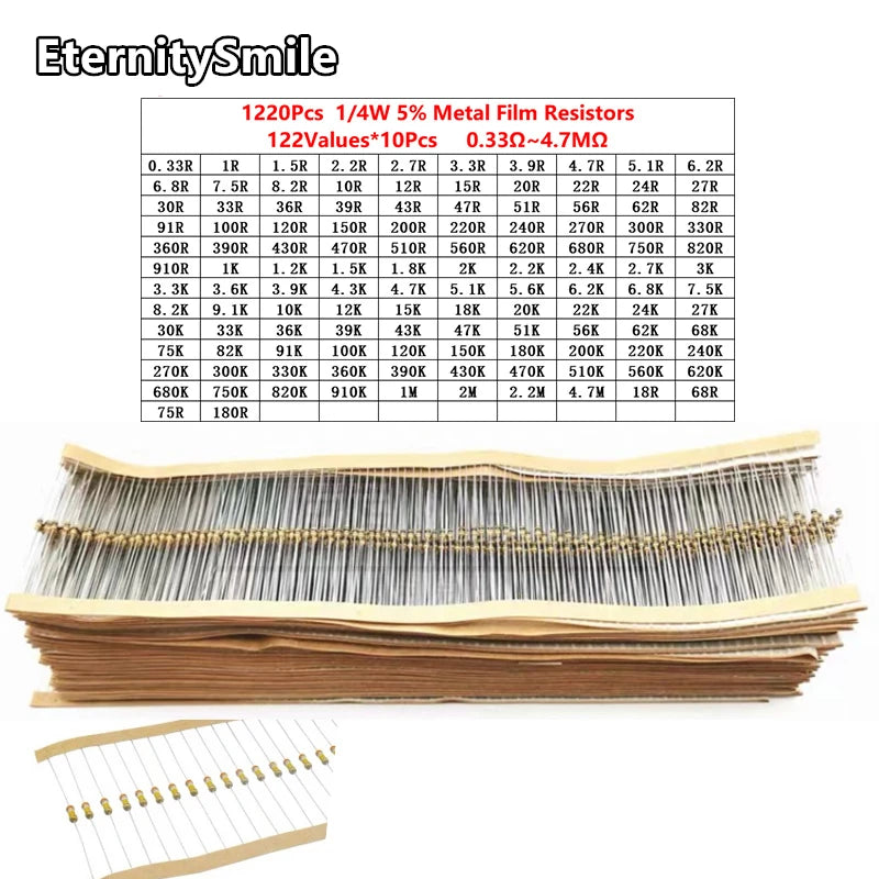 1220Pcs/Box Metal Film Resistors Kit 122 Values 1/4W 5% 0.33Ohm-910OR-1k-820k-910K-4.7M High Precision Resistance Set Assortment